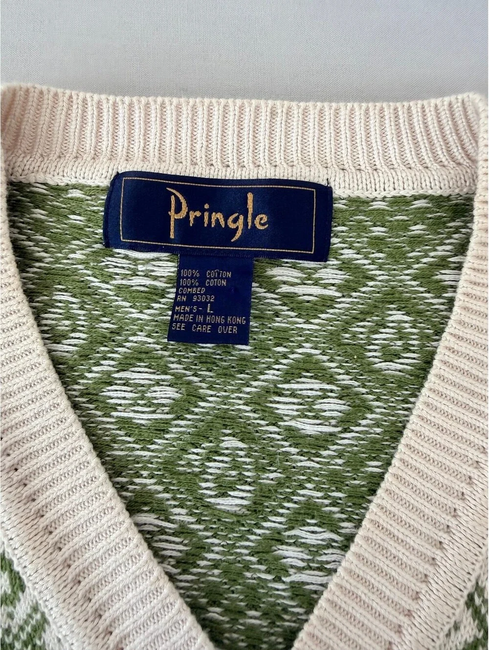 Vintage Pringle 100% Cotton Green Cream Geometric V-Neck Sweater Hong Kong